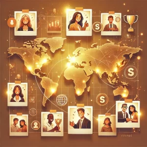 A series of Polaroid-style images floating around a glowing map of the world, each featuring the face of a course participant and icons representing their achievements (trophy, money bag). 