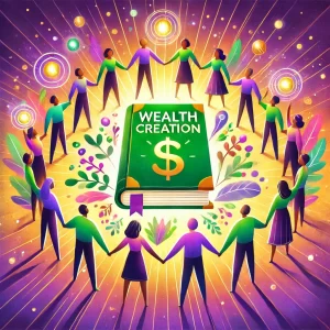 An-uplifting-and-collaborative-illustration-of-a-glowing-book-labeled-Wealth-Creation-surrounded-by-diverse-figures-holding-hands-in-a-circle.