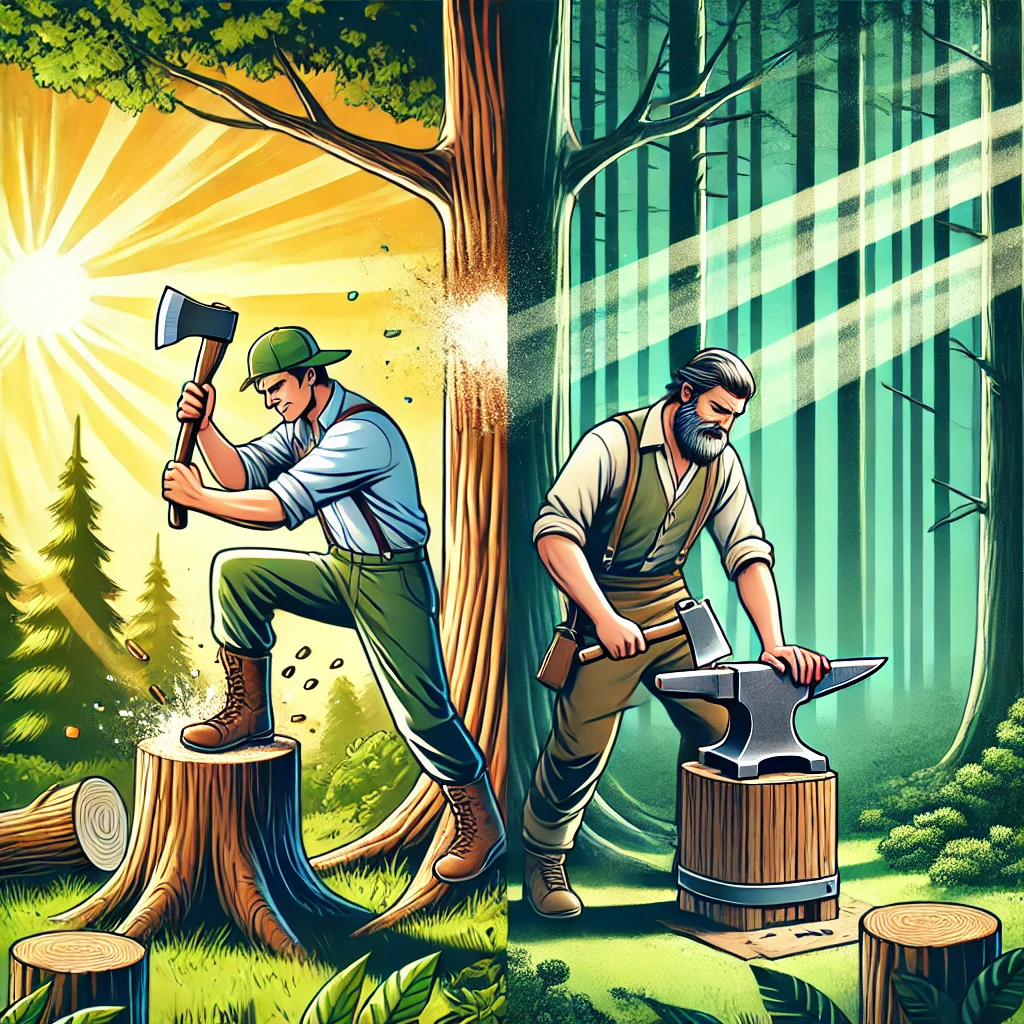 A-split-illustration-showing-two-lumberjacks-in-a-lush-forest-with-sunlight-streaming-through-the-trees.