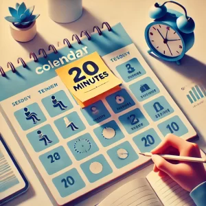 A-visually-engaging-calendar-on-a-desk-with-a-sticky-note-that-reads-20-Minutes-attached-to-a-specific-day.