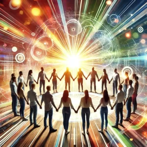 A-diverse-group-of-people-holding-hands-in-a-circle-with-radiant-light-emanating-outward-symbolizing-collective-energy-shared-momentum-and-success.