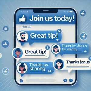 A-screenshot-style-image-of-a-Facebook-group-with-positive-messages-like-Great-tip-and-Thanks-for-sharing-appearing-in-chat-bubbles.