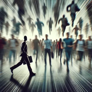 A-dynamic-scene-showing-a-chaotic-crowd-of-people-running-in-one-direction-appearing-blurred-to-emphasize-motion.