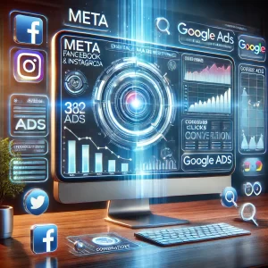 A-visually-engaging-digital-marketing-concept-showing-a-futuristic-computer-screen-displaying-Meta-Facebook-Instagram-and-Google-Ads-dashboards.