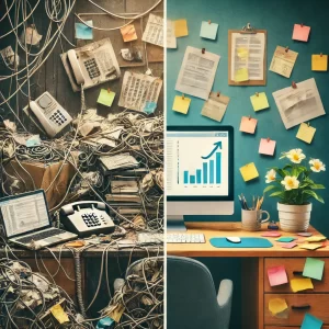 A-cluttered-desk-scene-representing-outdated-marketing-methods.