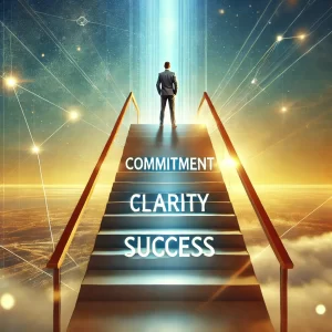 A-person-standing-confidently-at-the-top-of-a-staircase-labeled-Commitment-Clarity-Success-gazing-upward-with-determination.