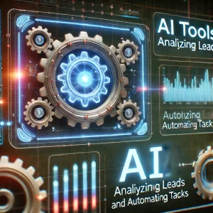 A-futuristic-digital-interface-displaying-AI-tools-analyzing-leads-and-automating-tasks.-In-the-background-visible-gears-are-turning.