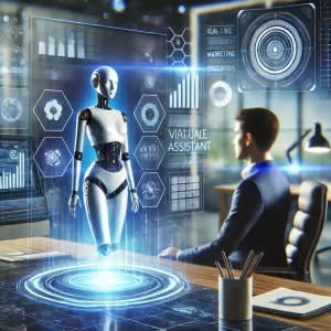 A-futuristic-scene-featuring-a-sleek-virtual-assistant-hologram-beside-an-entrepreneur-at-a-modern-desk.