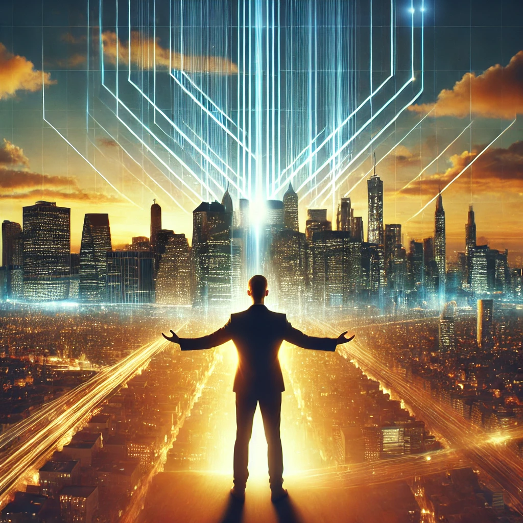 A-confident-person-standing-with-arms-outstretched-in-front-of-a-glowing-futuristic-skyline-at-sunset-symbolizing-limitless-possibilities-and-success.