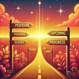 A-scenic-path-leading-toward-a-glowing-horizon-with-signposts-along-the-path-representing-progress.