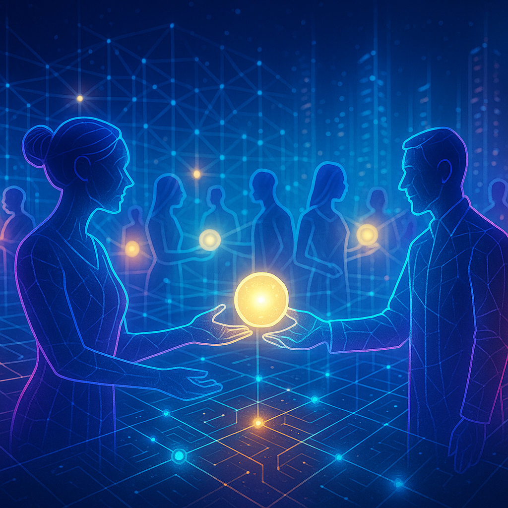 A glowing, holographic network of human silhouettes exchanging light orbs (representing value) across a futuristic cyber grid.
