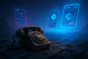  A dusty, broken-down old sales phone sitting abandoned in a digital wasteland while futuristic holographic devices float ahead.