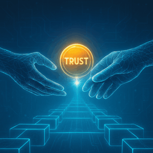 Two digital hands reaching across a glowing blockchain bridge, exchanging a radiant “trust coin” between them.