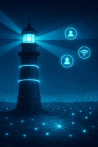  A cyberpunk-style lighthouse casting wide digital light beams over a glowing, futuristic social network ocean.
