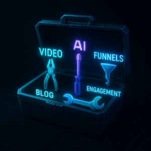 A sleek, open cyber-toolbox floating in space, each tool labeled with a strategy: "Video," "Blog," "AI," "Funnels," "Engagement."
