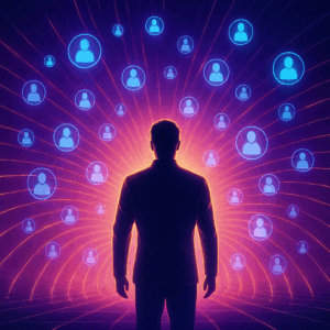  A marketer standing in a glowing magnetic field made of content waves—attracting holographic customers toward them.