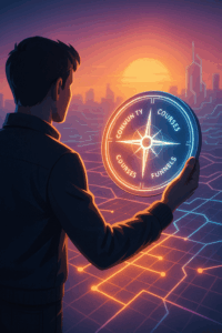  A marketer holding a glowing digital compass pointing toward "Community," "Courses," "Coaching," "Funnels."