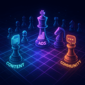 A glowing cyber-chessboard where each piece represents a digital marketing element: content, ads, videos, community.
