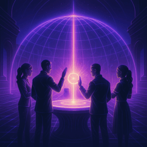 A futuristic roundtable of digital marketers holding up light-beams together to form a protective dome.
Style: Noble, inspiring. Purples, radiant silvers, strong neon lighting.