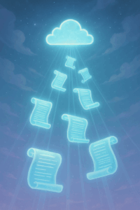  Floating holographic scrolls (blog posts) spiraling upward toward a glowing cloud-shaped knowledge archive in a digital sky.