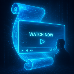 A glowing, semi-transparent scroll made of light, transforming into a futuristic YouTube video screen with a man's digital silhouette in the corner.