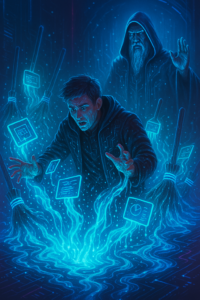 A futuristic apprentice surrounded by malfunctioning, holographic AI tools spilling digital water (like in the fable).