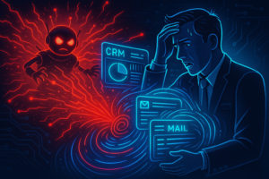 A rogue AI bot with glowing red eyes sending out chaotic data bursts, while a digital entrepreneur in distress watches a CRM and email dashboard spiral out of control.