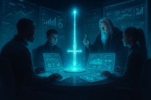 A roundtable of futuristic mentors and mentees with holographic marketing dashboards in front of them.