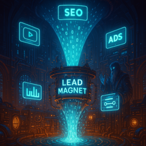 A glowing lead funnel depicted like a steampunk-style digital engine room, with streams of data (representing leads) flowing in from various sources (YouTube, SEO, Ads).