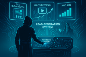 A marketer standing before a sci-fi control panel activating the lead generation system.