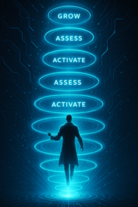 Five ascending holographic rings labeled with each step (Enroll, Assess, Activate, Personalize, Grow).