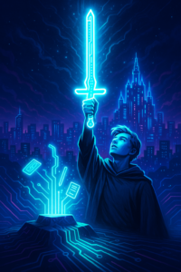 A digital “Arthur” lifting a glowing Excalibur-shaped stylus or keyboard from a neon circuit-stone, with the skyline of a thriving digital kingdom behind him.