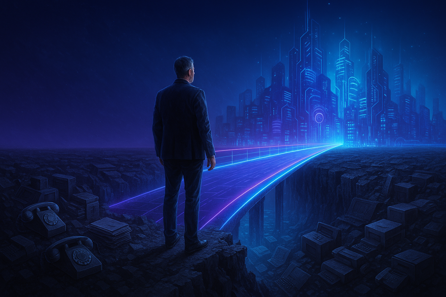 A middle-aged entrepreneur stands at the edge of a shimmering, neon-lit digital bridge suspended over a chasm of static, crumbling analog “old world” relics (rotary phones, paper files, fax machines).