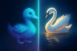 A glowing swan emerging from a low-res, pixelated duckling form. The digital transformation metaphor plays out visually—representing evolution from clunky methods to sleek systems.