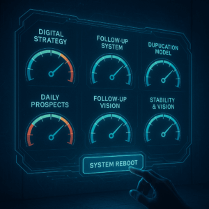 A holographic dashboard floating in midair with five illuminated gauges labeled with each of the questions—some in the red, some in the green. A hand hovers over the “System Reboot” button.
