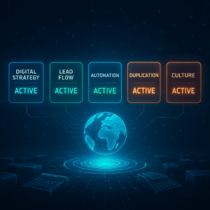 A vibrant digital command center interface showing five modules:
Digital Strategy
Lead Flow
Automation
Duplication
Culture