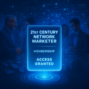 A futuristic “membership card” or digital portal with glowing access granted. Background: a supportive, energized group of entrepreneurs connecting over a shared digital platform.