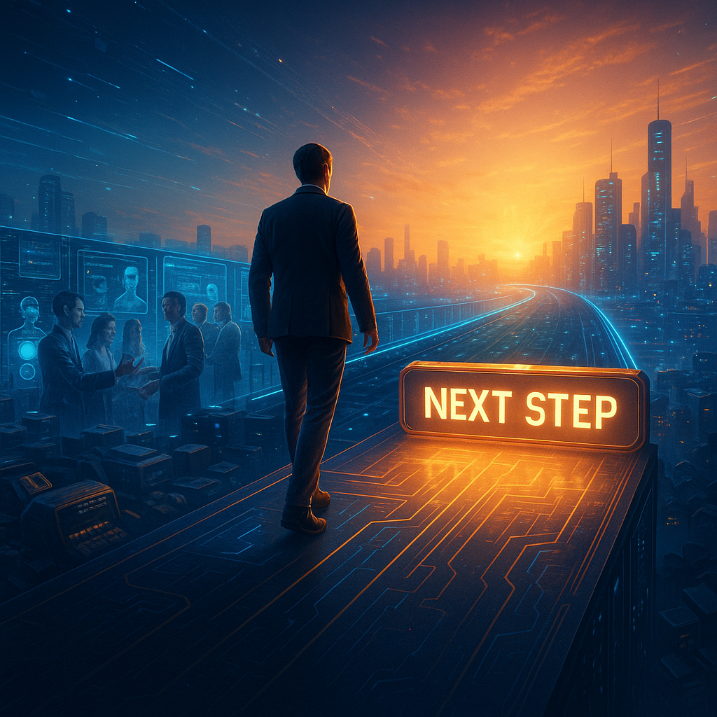 A mirror image of the blog's featured graphic—only now the figure has crossed the bridge. Behind them: illuminated systems, joyful team members, and a glowing horizon ahead. Their foot hovers above a bright platform labeled: “Next Step.”