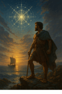 A hyper-realistic painting-style scene of Odysseus standing on a rocky cliff looking toward the sea—ship in the background, sky lit with early dawn.