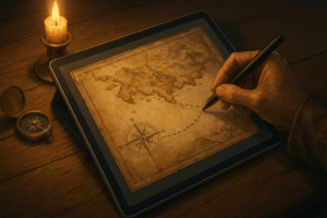 A parchment-style map being sketched out on a digital tablet by a traveler—with compass, candle, and stylus on the desk. Odyssean meets high-tech.