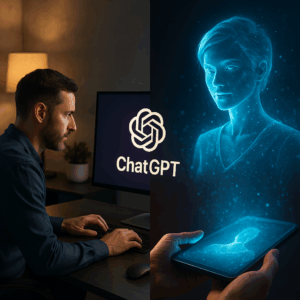 A side-by-side visual: one half showing a marketer sitting at a sleek workstation with ChatGPT open; the other half showing a glowing holographic avatar forming from their answers—representing “digital identity creation.”