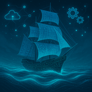 A modern ship made of circuit board and code, sailing across glowing waves of data—AI icons like gears, cloud storage, and connection nodes surrounding it.