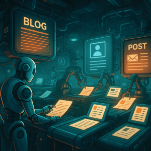 A futuristic content “engine room” with conveyor belts and robotic arms assembling blog posts into various content formats—like an AI-powered publishing factory.