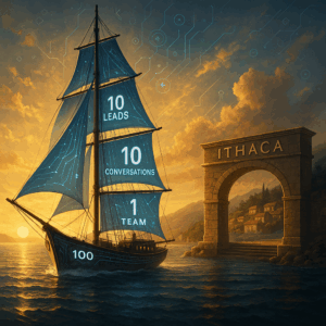 A sunlit harbor marked “Ithaca,” with a digital ship arriving. The sails display stats: “100 Leads,” “10 Conversations,” “1 Team,” “Freedom.” Add subtle AI motifs in the sky.
