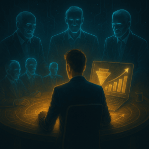 A glowing roundtable with three multi-million-dollar mentors in digital silhouette, one-on-one with a rising entrepreneur whose laptop projects glowing funnels and upward graphs.