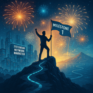 Fireworks over a digital city skyline as a character (the marketer) raises a flag on top of a mountain labeled “Milestone 1.” Include a faint path winding behind them, showing their journey.