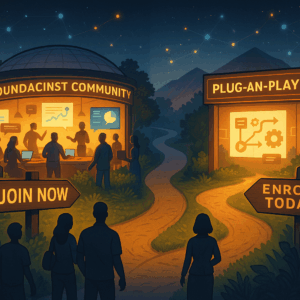 A fork in the road: one path leads to a thriving digital mastermind community glowing with activity; the other leads to a golden “plug-and-play” system station—each with signposts titled “Join Now” and “Enroll Today.”