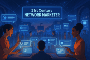 A digital town square—people interacting across holographic posts, live comments floating in the air, with a central community banner titled “21st Century Network Marketer.”