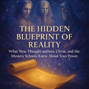 A layered golden manuscript unrolling over a galaxy, with faint outlines of Christ, an Egyptian initiate, and a robed mystic gazing into the stars. A faint digital network of constellations overlays the image.