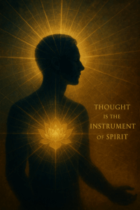 A human silhouette with radiant golden light expanding from the head and heart. Within the chest, a blooming lotus or rose with geometric rays suggesting thoughts creating reality.